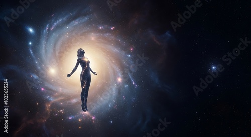 Human Figure Floating in Cosmic Galaxy with Bright Glowing Center and Swirling Stars