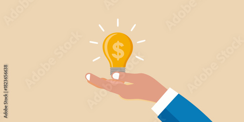 Hand holding a lightbulb with a dollar sign symbolizing financial ideas