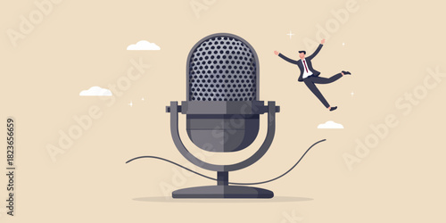 Man leaps for joy next to a vintage microphone on a light background