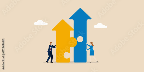 Business partners assemble puzzle pieces to create upward growth arrows