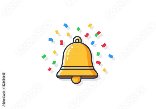 A bright yellow bell icon surrounded by colorful confetti on a white background with a celebratory mood.