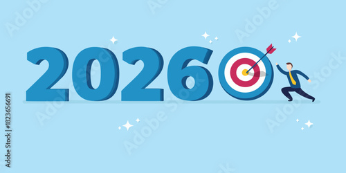 Businessman hitting target in year 2026 with arrow