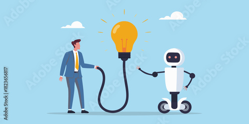 Businessman and robot connect to a bright idea lightbulb