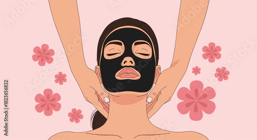 Relaxing spa day featuring a rejuvenating black facial mask and soothing neck massage, surrounded by delicate pink flowers for a serene experience