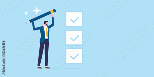 Businessman completing a checklist with a large pencil