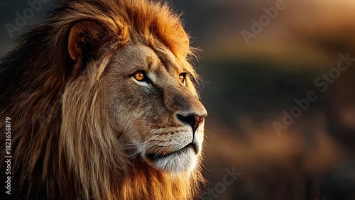 A majestic portrait of a powerful male lion with a magnificent golden mane, gazing into the warm sunset light