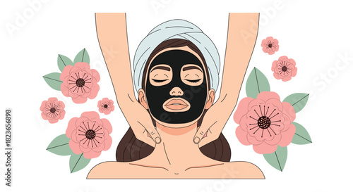 Relaxing spa day illustration featuring woman with a purifying facial mask and pretty pink flowers for beauty and wellness concepts