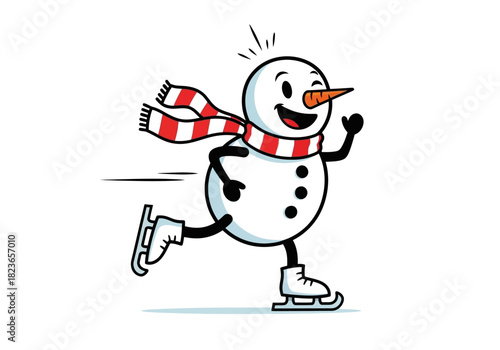 Cartoon snowman ice skating with a red and white scarf on a plain white background with motion lines conveying a fun and playful mood.