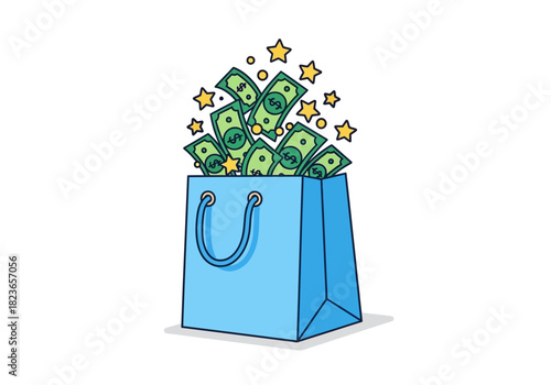 Cartoon illustration of a light blue shopping bag overflowing with green dollar bills and surrounded by yellow stars on a white background.
