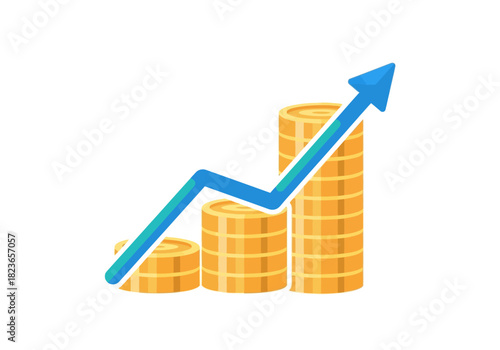 Graphic illustration of a blue upward arrow trending over stacks of gold coins on a white background, symbolizing financial growth and success.