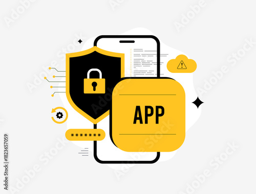 Mobile security app protection cyber threat analysis with reverse engineering risks, ai malware, weak passwords, insecure apis cloud flaws and code tampering across modern devices vector illustration