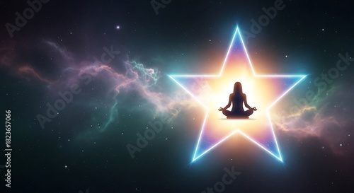 Silhouette Woman Meditating Inside Glowing Neon Star in Cosmic Space Scene