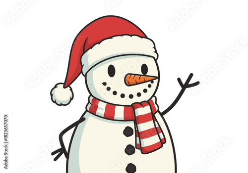 A cheerful cartoon snowman wearing a red Santa hat and scarf waving on a white background with a playful mood.