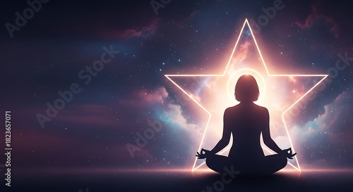 Silhouette Woman Meditating in Cosmic Night Sky with Illuminated Star Frame