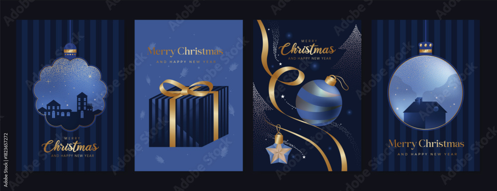 Obraz premium Luxury Christmas and Happy New Year vector greeting card set in navy blue and gold with gift box, ornaments, ribbon and snowy village — elegant winter holiday design collection