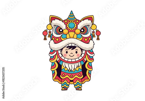 Illustration of a colorful lion dance costume with a cartoon face and white mustache on a plain white background.