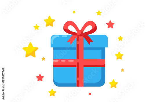 Flat design illustration of a blue gift box with red ribbon and bow surrounded by colorful stars on a white background.