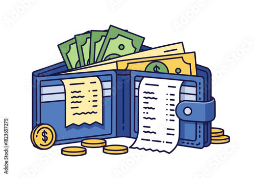 Illustration of a blue wallet with cash, receipt, and coins on a white background in a colorful graphic style.