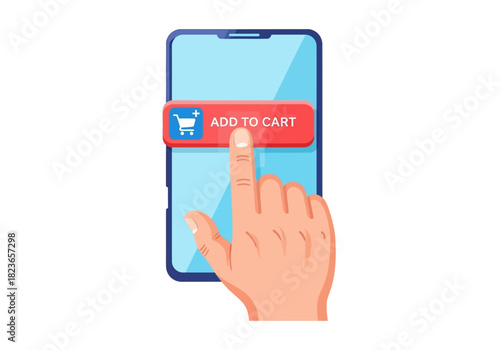 A hand interacting with a smartphone screen featuring a red 'ADD TO CART' button on a clean white background.