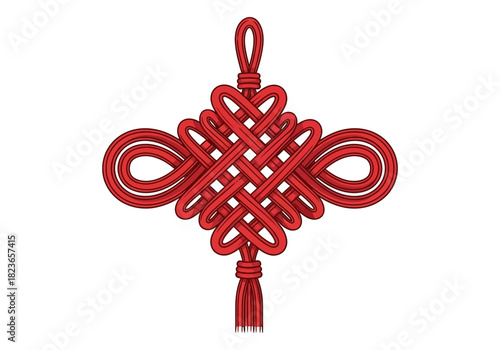 A red Chinese knotted ornament with a tassel against a white background.