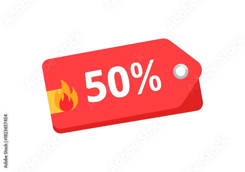 Red discount label with 50 percent off and flame icon on white background.