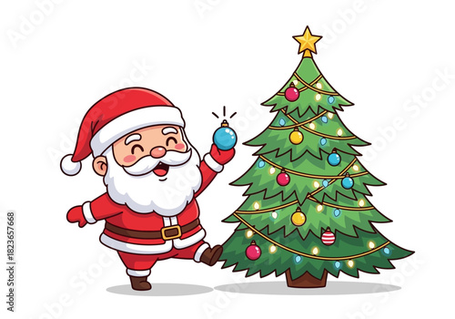 Cartoon Santa Claus decorating a Christmas tree with colorful ornaments and lights on a white background.