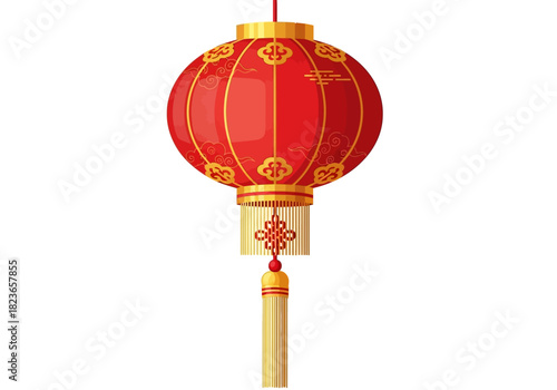 A red Chinese lantern with gold accents and a tassel hanging against a white background.