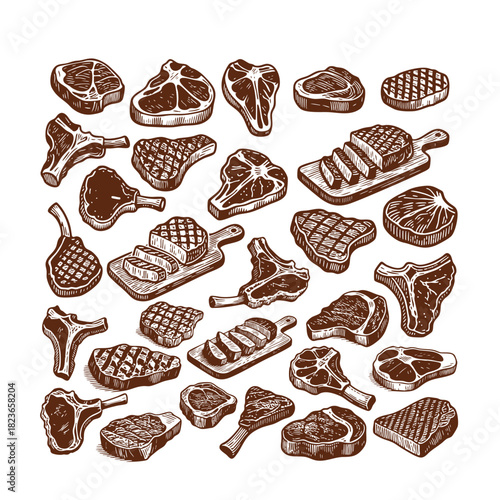 Hand-drawn sketch set of various raw and grilled meat cuts, vintage vector template illustration