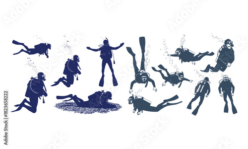 Scuba divers silhouettes set for underwater exploration concept