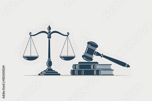 Scales of justice with gavel and law books vector illustration for legal services isolated on white background