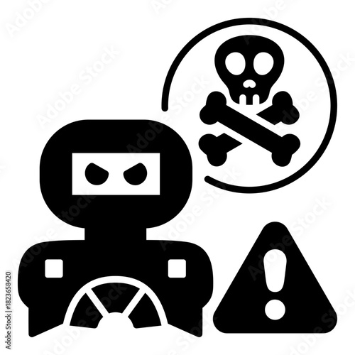 Malicious AI and Cyber Threat Warning Glyph Icon. Sinister Robot and Skull and Crossbones Symbol - Concept for AI Risk, Lethal Autonomous Weapons, and Dangerous Technology.