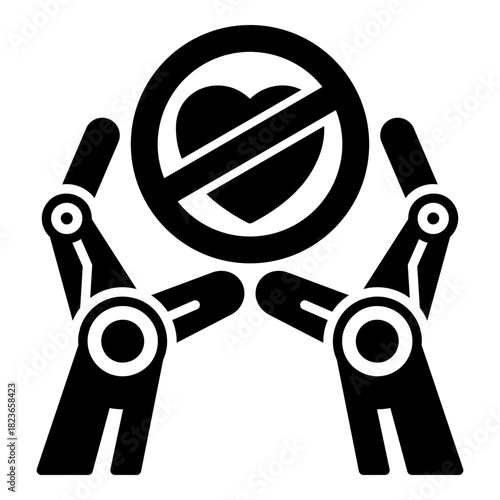 Prohibiting Emotional AI Glyph Icon. Robotic Hands Holding a Crossed-Out Heart - Concept for the Ban on Machine Empathy and Setting Ethical Red Lines in AI Development.