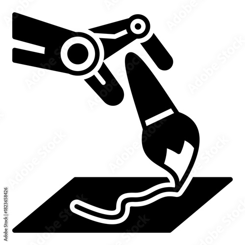 Machine Creativity and AI Art Generation Glyph Icon. Robotic Hand Using a Paintbrush - Concept for Generative Design, Digital Art, and Intellectual Property in Creative Technology.