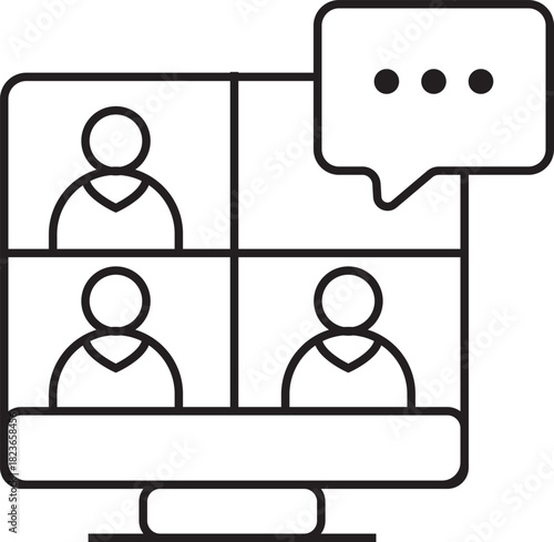 A line art icon of a video conference call on a computer monitor with a chat bubble.