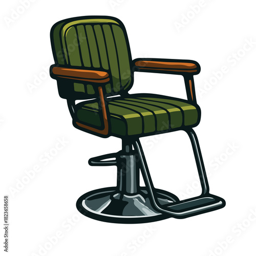 modern reclining barber chair illustration with footrest in flat vector style. professional grooming chair for barbershop and hair salon services. isolated on white background.