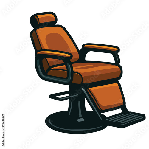 Vintage-style orange barber chair illustration in flat vector design. Classic grooming chair for barbershop haircut and styling services. Isolated on white background.