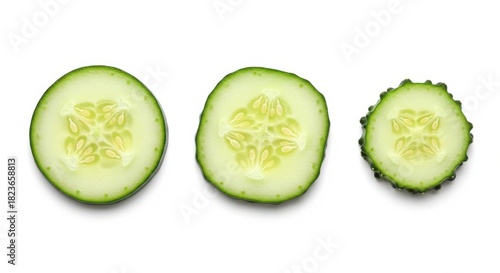 Three kinds of cucumbers, fresh juicy slices cucumber on a white background, isolated