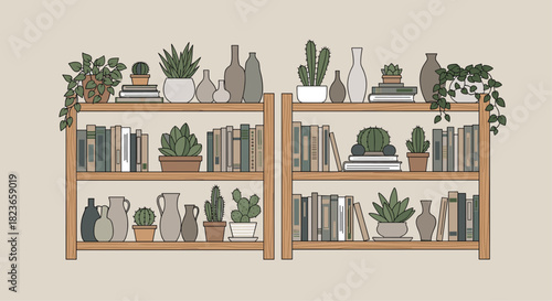 Serene bookcase illustration featuring books, potted plants, and decorative vases in neutral tones for a calming vibe