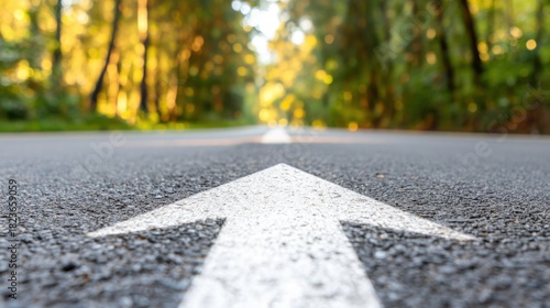 Perspective Shot of Arrow Painted on Asphalt Highway Surrounded by Trees