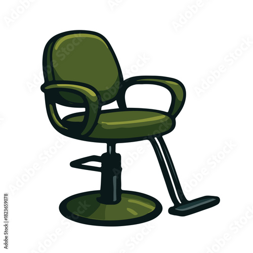Modern reclining barber chair illustration with footrest in flat vector style. Professional grooming chair for barbershop and hair salon services. Isolated on white background.