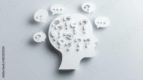 Paper Silhouette Head with Question Marks Thought Bubble Design
