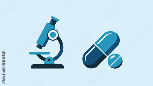 Microscope and pills flat vector illustration for science and medicine isolated on a light blue background
