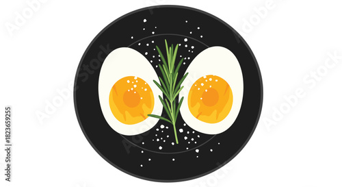 Delicious and healthy breakfast idea two boiled eggs with fresh rosemary and salt served on a black plate for your morning routine