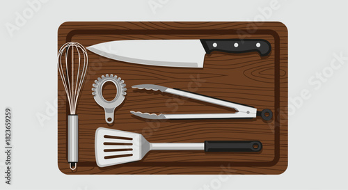 Essential kitchen tools flat lay for cooking blogs or food photography projects and culinary concepts on rustic wood background for websites