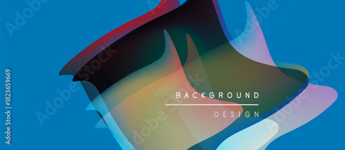 Abstract fluid shapes overlap, creating vibrant color gradients. Blue background complements design elements. Modern aesthetic.