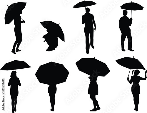 Collection of People Silhouettes Holding Umbrellas