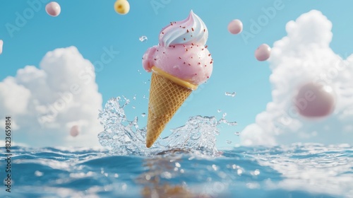 Vibrant Summer Ice Cream Cone With Splashes and Colorful Elements