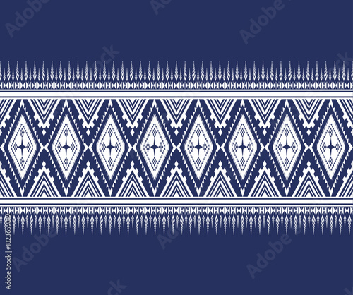 Traditional Thai-inspired geometric border pattern featuring intricate diamond motifs, stepped triangular shapes, and decorative cultural elements in a refined navy blue and white palette.