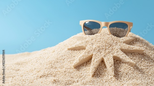 Stylish Sunglasses Resting on Sun-Design Etched in Soft Sand