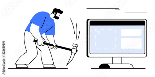 Person smashing a computer screen with hammer indicating frustration, technology failure, or problem-solving. Ideal for concepts thumbs up digital stress, system crash, tech support, repair, online